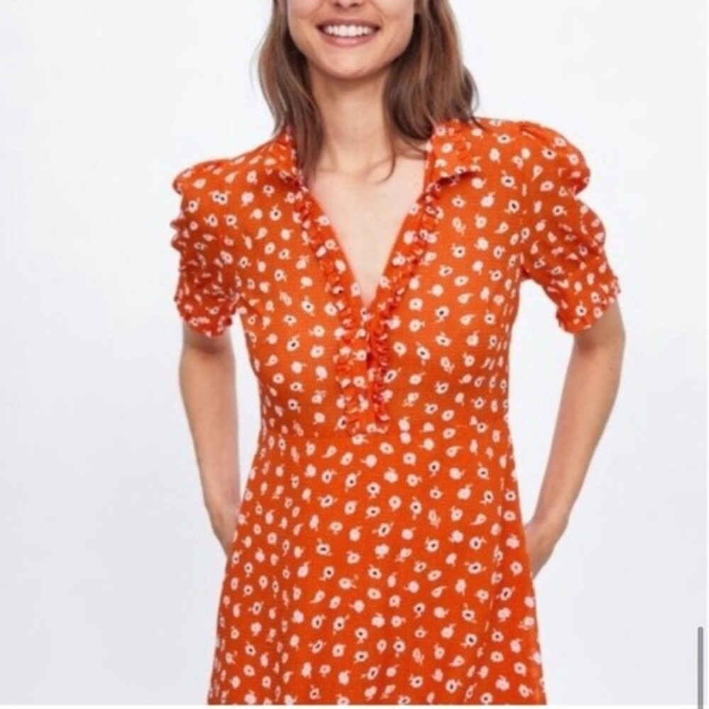 Zara Orange Floral Print Mini Dress‎ Rhinestone Buttons - Picture 2 of 9